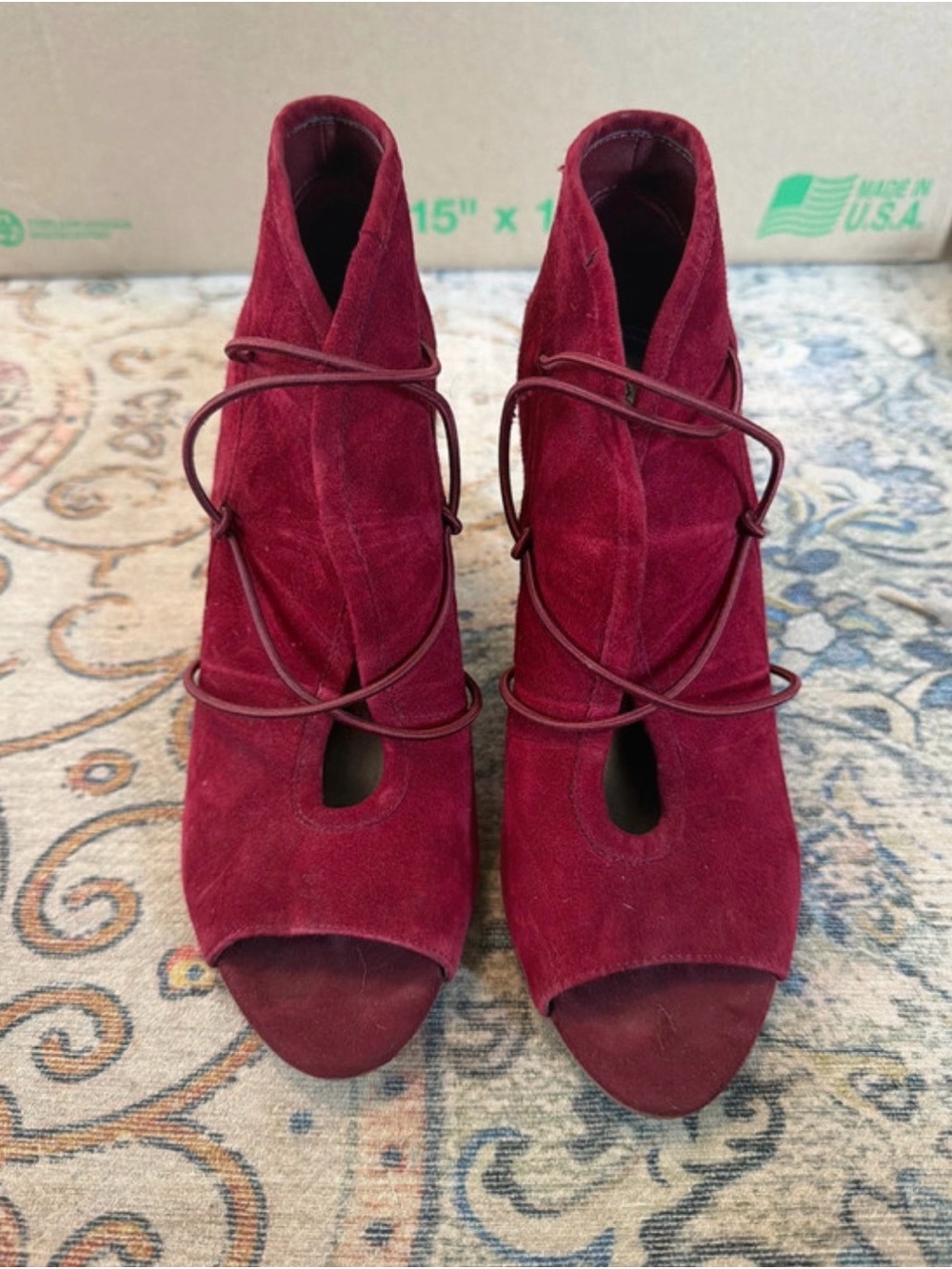 BCBG Red Suede Peep-Toe Lace-Up Booties – Size 6.5